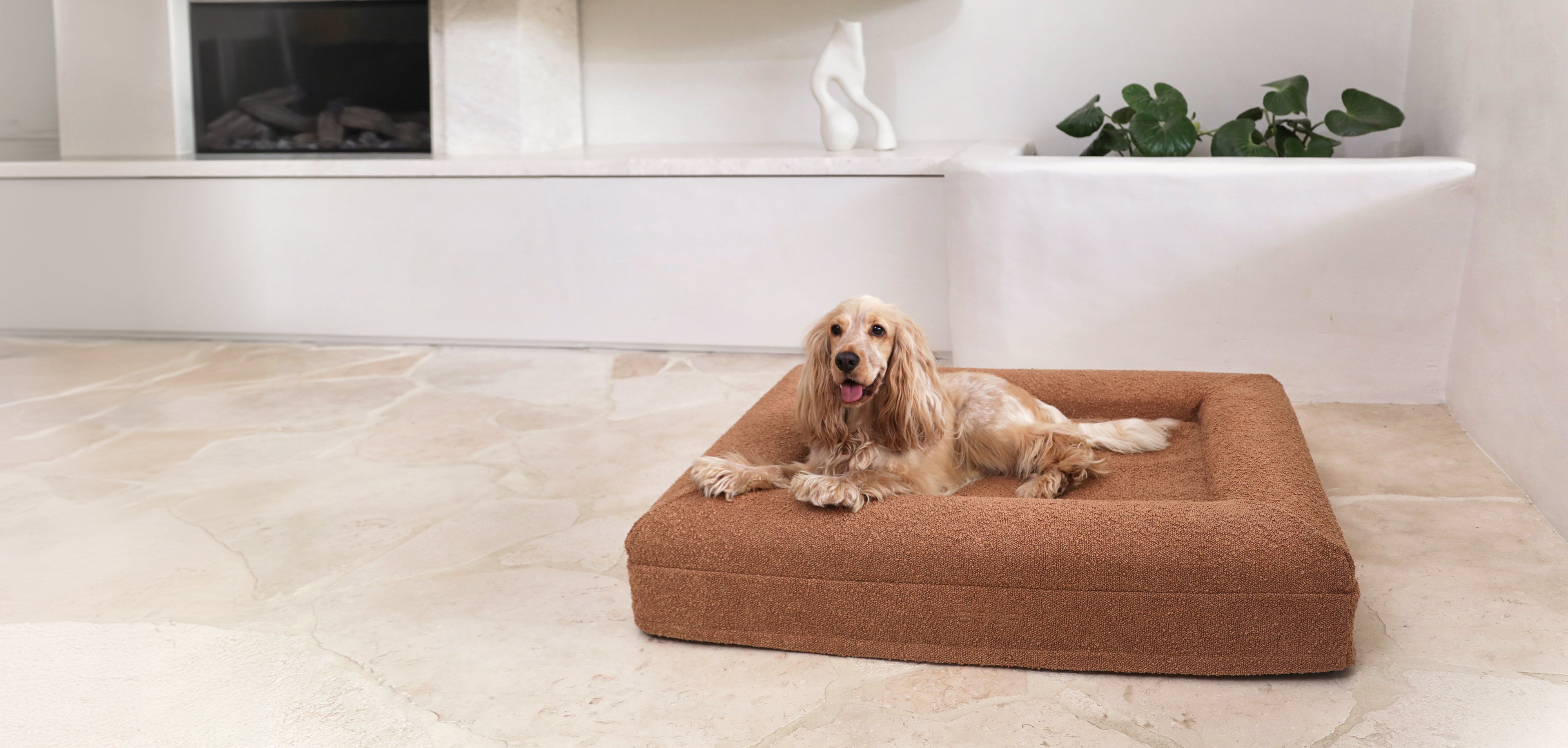 tan boucle designer dog bed stylish